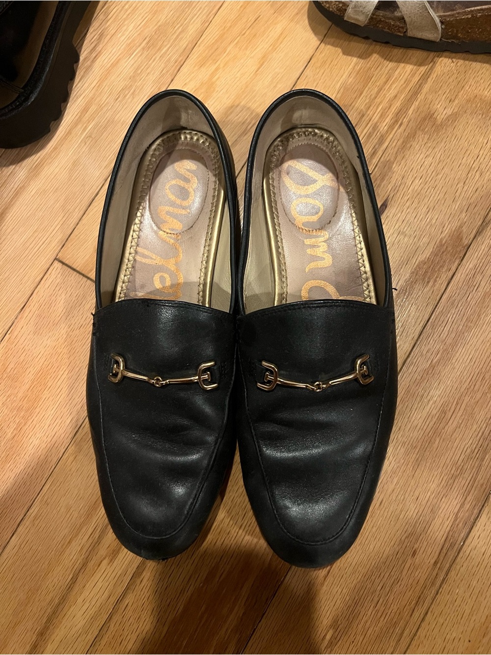 Sam Edelman Black Leather Loafers with Gold Horsebit